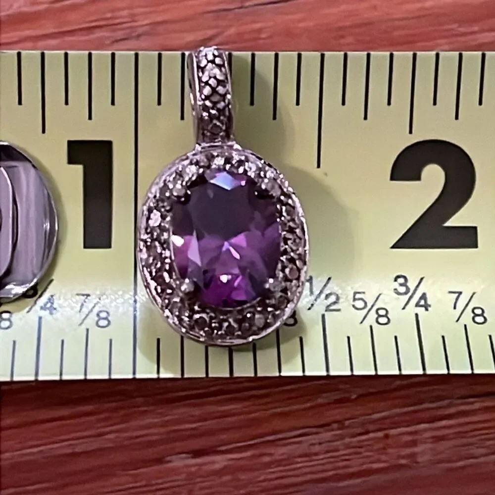 Sterling Silver Amethyst Tear Drop Pendant Marked 925 WM CZ